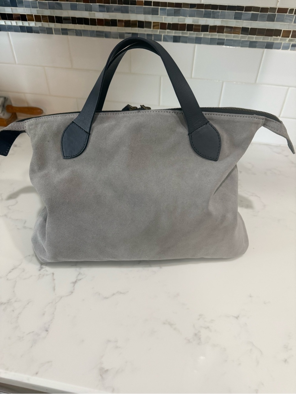 Parker Thatch medium Charlie Grey Suede Crossbody Tote with Navy Trim - Picture 5 of 7